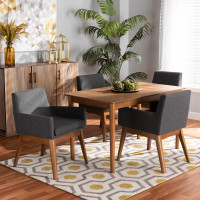 Baxton Studio BBT5281-Dark Grey/Walnut-5PC Dining Set Dorina Mid-Century Modern Dark Grey Fabric Upholstered and Walnut Brown Finished Wood 5-Piece Dining SetC